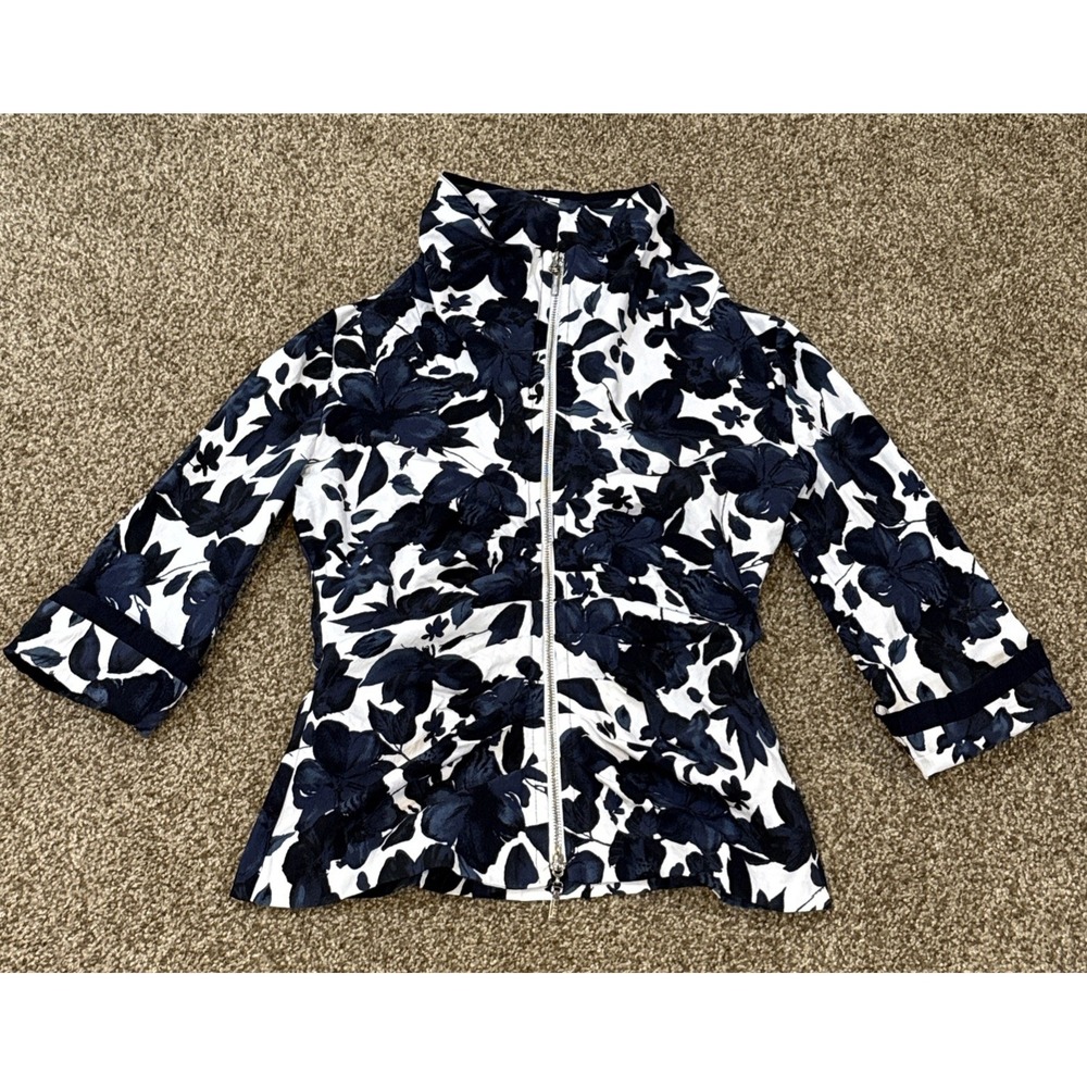 Joseph Ribkoff Jacket Women's 8 Blue Floral Full Zip 3/4 Sleeves Stretch Ruched